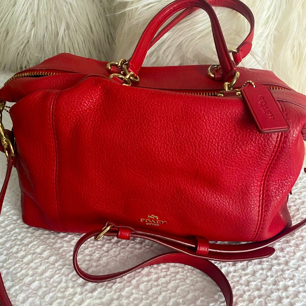Red leather Coach bag. Soft pebble leather